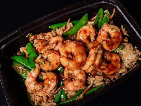 Sesame Teriyaki Stir Fry w  Wild Caught Shrimp, Sugar Snap Peas, Peppers, Broccoli, Asparagus, and Jasmine rice on Sale