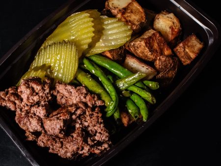 Lean Burger Bowl with Seasoned Diced Potatoes, Greens, Pickles, and Ketchup Discount