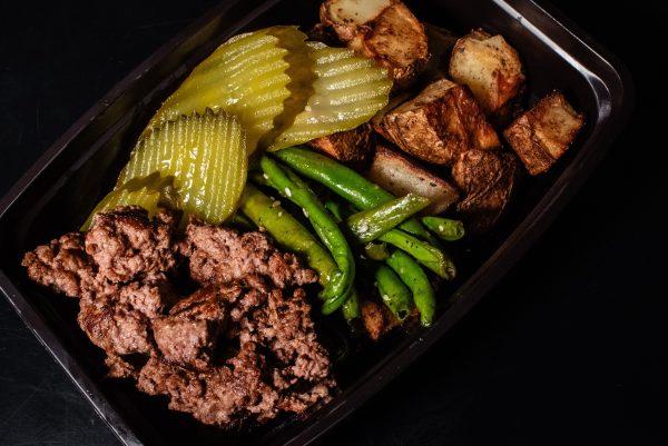 Lean Burger Bowl with Seasoned Diced Potatoes, Greens, Pickles, and Ketchup Discount