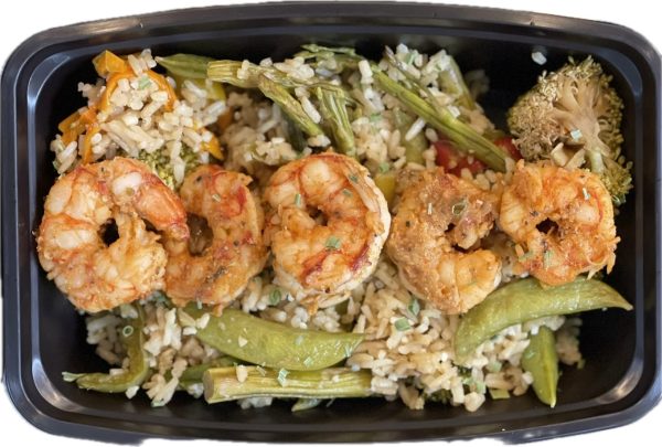 Sesame Teriyaki Stir Fry w  Wild Caught Shrimp, Sugar Snap Peas, Peppers, Broccoli, Asparagus, and Jasmine rice on Sale