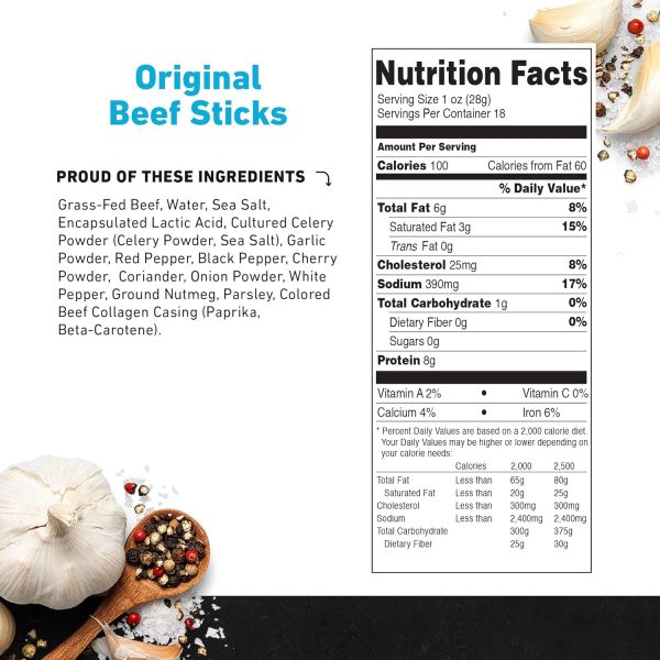 Grass-Fed Jerky Beef Sticks - Gluten Free, High Protein Snacks (18 pack) on Sale