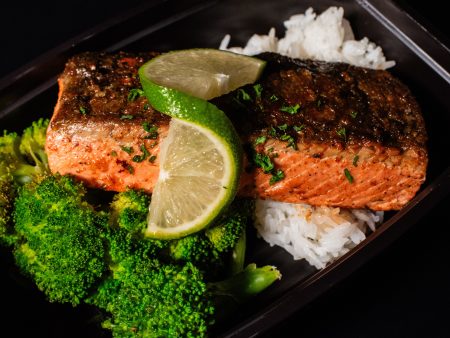 Baked Garlic Butter Wild Caught Salmon with Coconut Amino Broccoli and Jasmine Rice Hot on Sale