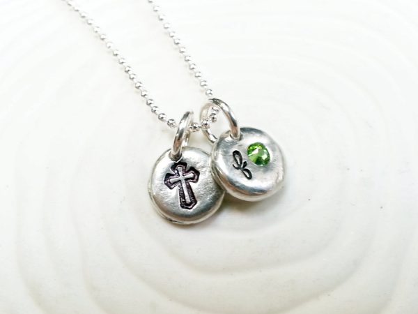 Birthstone Initial and Cross Necklace | Communion or Confirmation Gift Fashion