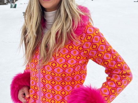 Zermatt Zip Up ~ Pink Geo Jacquard Faux Fur Supply